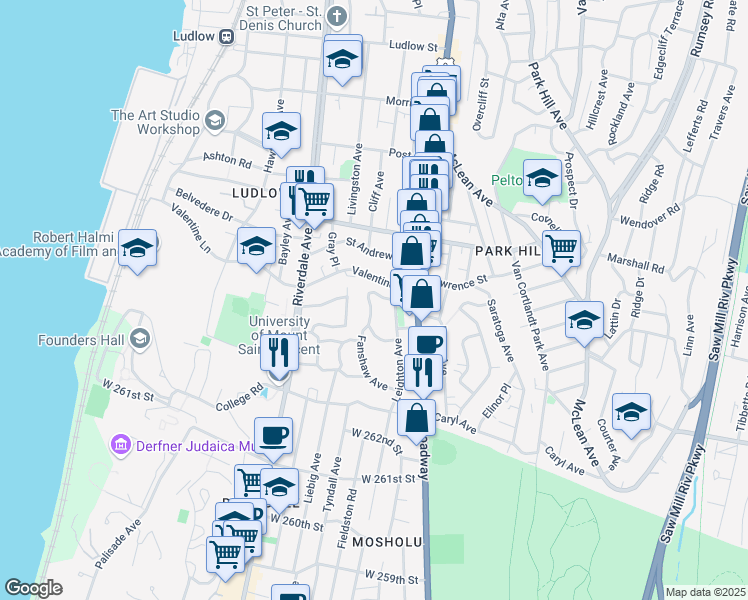 map of restaurants, bars, coffee shops, grocery stores, and more near 36 Berkeley Avenue in Yonkers