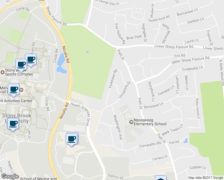 map of restaurants, bars, coffee shops, grocery stores, and more near 25 Yorktown Road in Setauket- East Setauket