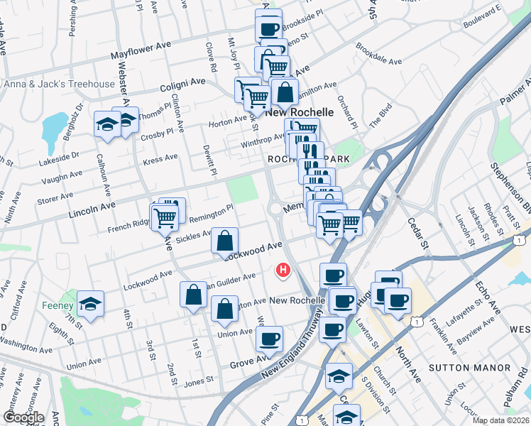 map of restaurants, bars, coffee shops, grocery stores, and more near 149 Guion Place in New Rochelle