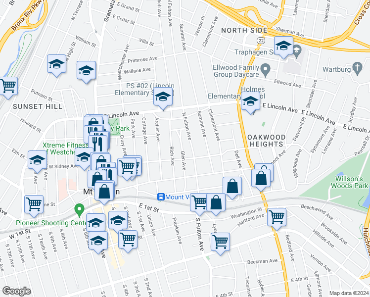 map of restaurants, bars, coffee shops, grocery stores, and more near 117 Glen Avenue in Mount Vernon
