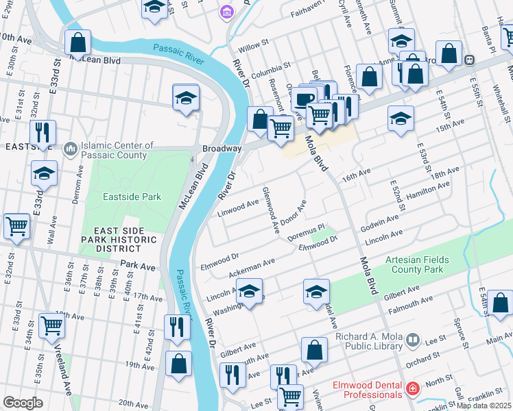 map of restaurants, bars, coffee shops, grocery stores, and more near 42 Linwood Avenue in Elmwood Park