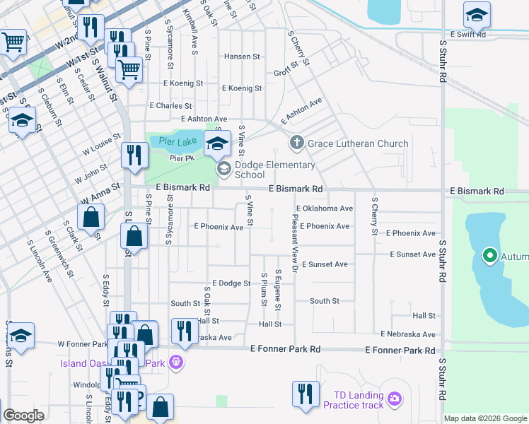 map of restaurants, bars, coffee shops, grocery stores, and more near 801 Phoenix Court in Grand Island