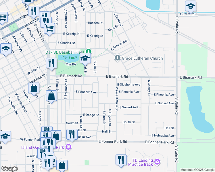 map of restaurants, bars, coffee shops, grocery stores, and more near 801 Phoenix Court in Grand Island