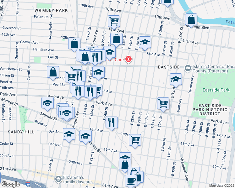 map of restaurants, bars, coffee shops, grocery stores, and more near 354 15th Avenue in Paterson