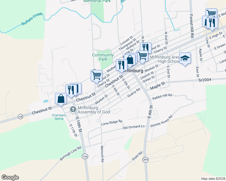 map of restaurants, bars, coffee shops, grocery stores, and more near 606 Market Street in Mifflinburg