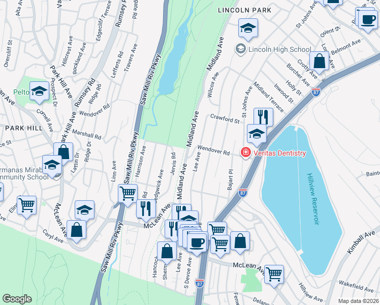 map of restaurants, bars, coffee shops, grocery stores, and more near 106 Midland Avenue in Yonkers