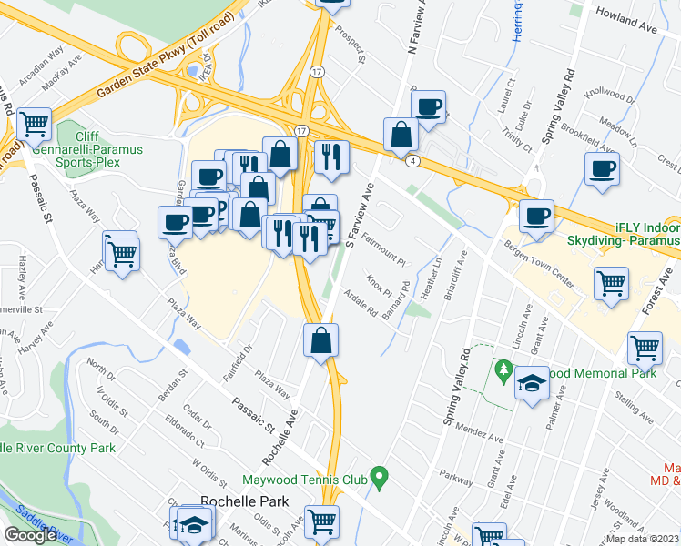 map of restaurants, bars, coffee shops, grocery stores, and more near 66 South Farview Avenue in Paramus