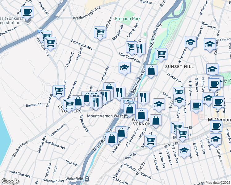 map of restaurants, bars, coffee shops, grocery stores, and more near 15 Crescent Place in Yonkers