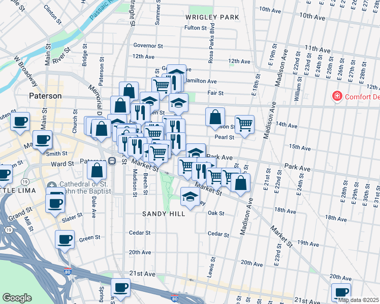 map of restaurants, bars, coffee shops, grocery stores, and more near 115 Park Avenue in Paterson