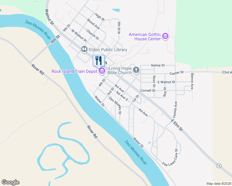 map of restaurants, bars, coffee shops, grocery stores, and more near 3rd Street in Eldon