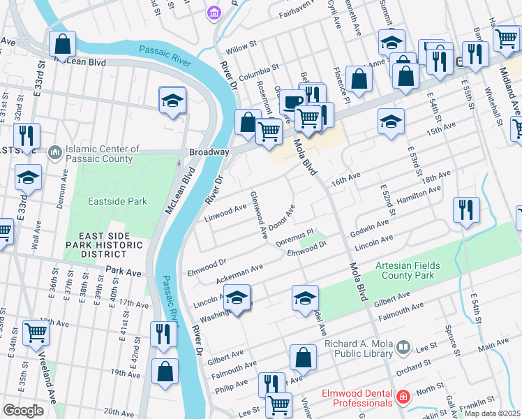 map of restaurants, bars, coffee shops, grocery stores, and more near 87 Glenwood Avenue in Elmwood Park
