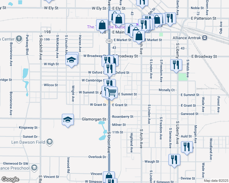map of restaurants, bars, coffee shops, grocery stores, and more near 62 East Summit Street in Alliance
