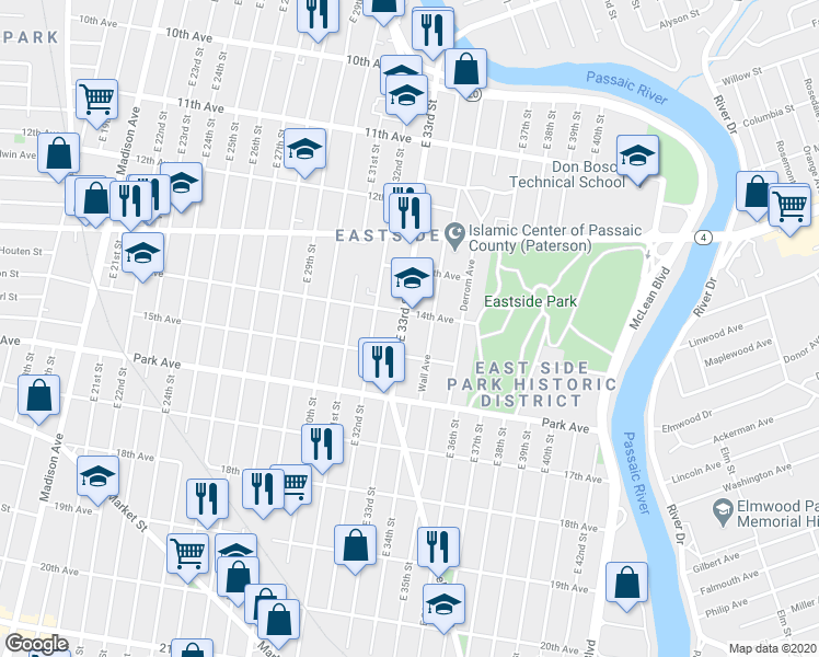 map of restaurants, bars, coffee shops, grocery stores, and more near 247 East 33rd Street in Paterson