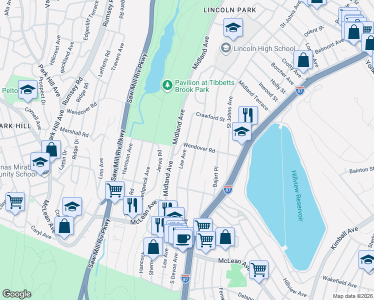 map of restaurants, bars, coffee shops, grocery stores, and more near 262 Lee Avenue in Yonkers