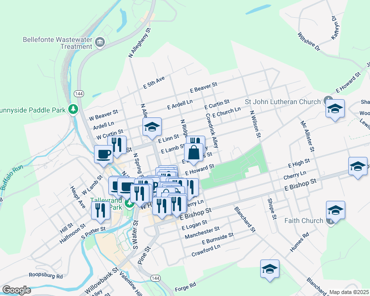 map of restaurants, bars, coffee shops, grocery stores, and more near 224 East Lamb Street in Bellefonte