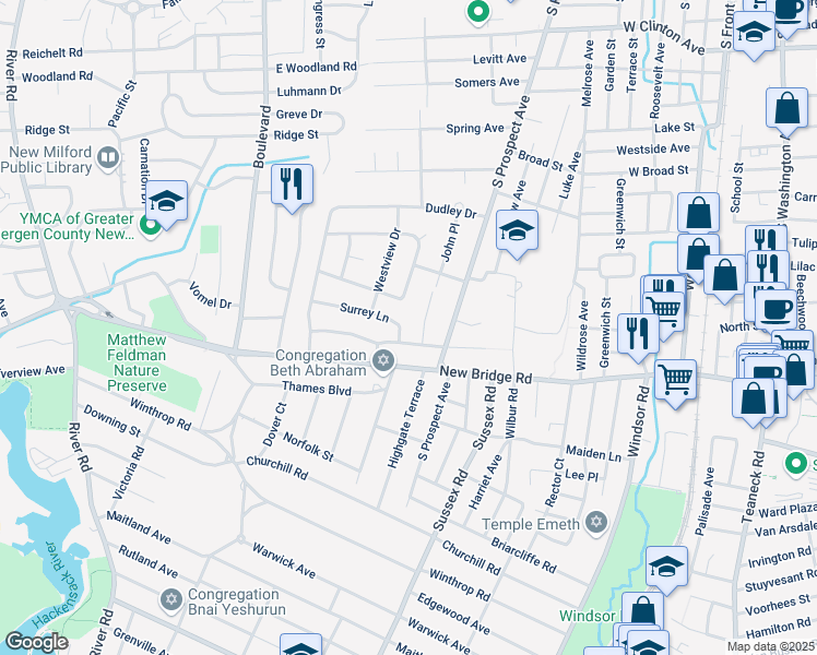 map of restaurants, bars, coffee shops, grocery stores, and more near 11 Surrey Ln in Bergenfield