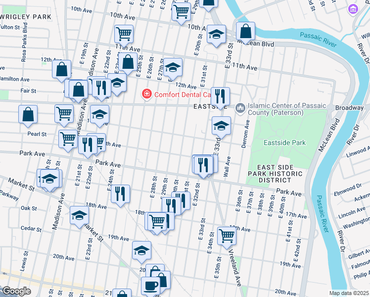 map of restaurants, bars, coffee shops, grocery stores, and more near 327 East 30th Street in Paterson