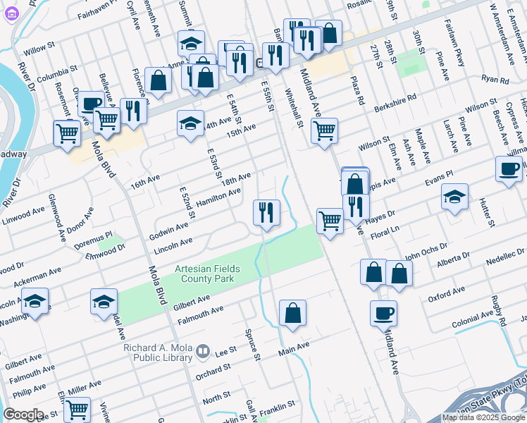 map of restaurants, bars, coffee shops, grocery stores, and more near 153 East 54th Street in Elmwood Park