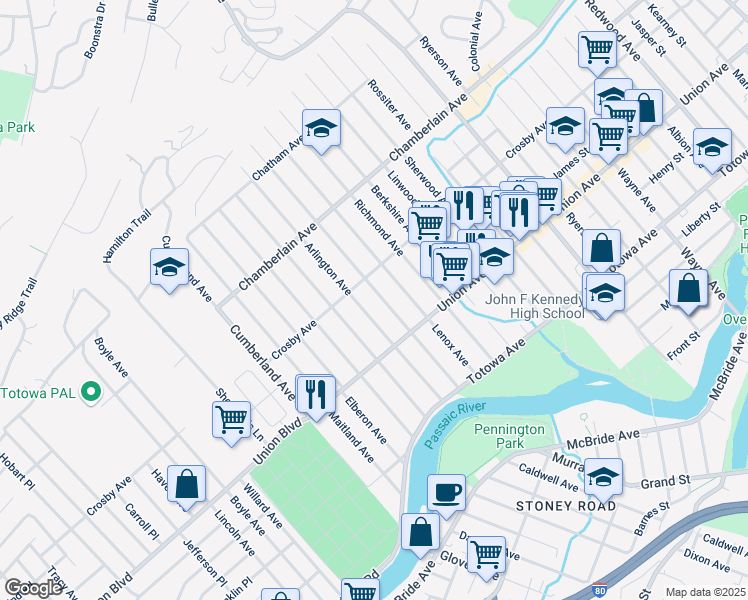 map of restaurants, bars, coffee shops, grocery stores, and more near 127 Lexington Avenue in Paterson