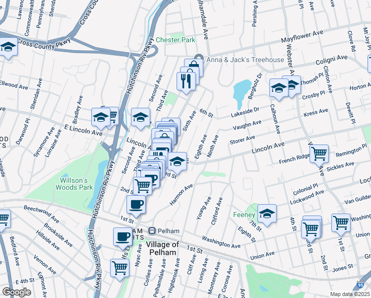 map of restaurants, bars, coffee shops, grocery stores, and more near 319 Seventh Avenue in Village of Pelham
