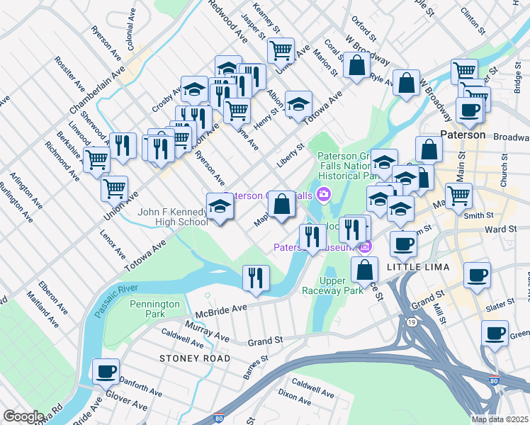 map of restaurants, bars, coffee shops, grocery stores, and more near 148 Walnut Street in Paterson