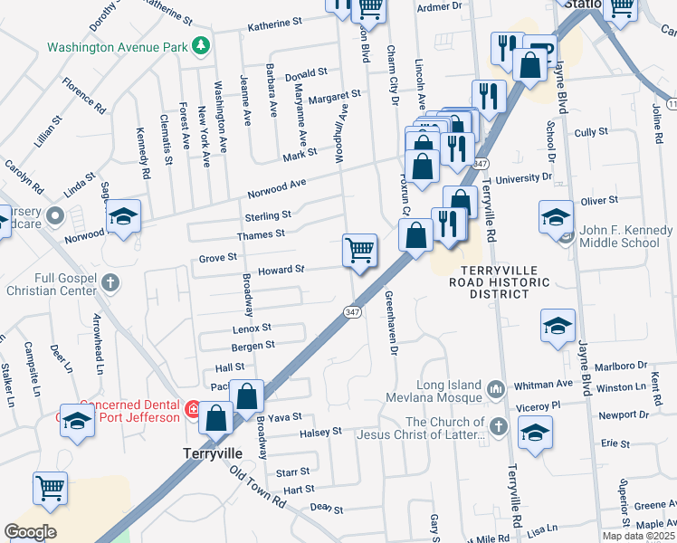 map of restaurants, bars, coffee shops, grocery stores, and more near 122 Howard Street in Port Jefferson Station