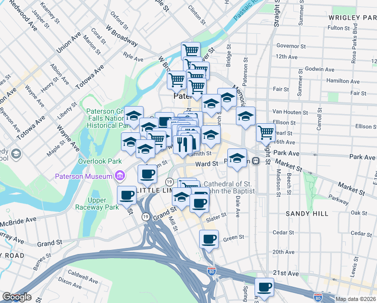 map of restaurants, bars, coffee shops, grocery stores, and more near 282 Main Street in Paterson
