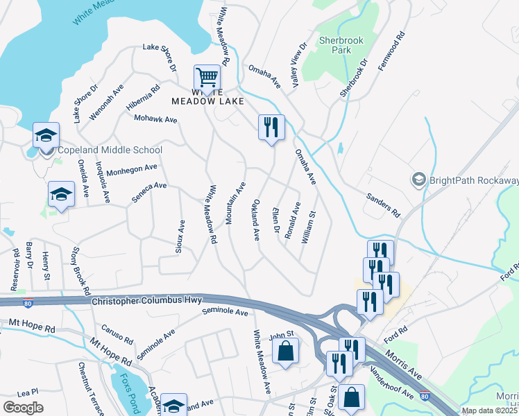 map of restaurants, bars, coffee shops, grocery stores, and more near 57 Oakland Avenue in Rockaway