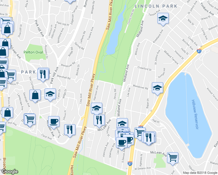 map of restaurants, bars, coffee shops, grocery stores, and more near 255 Sedgwick Avenue in Yonkers