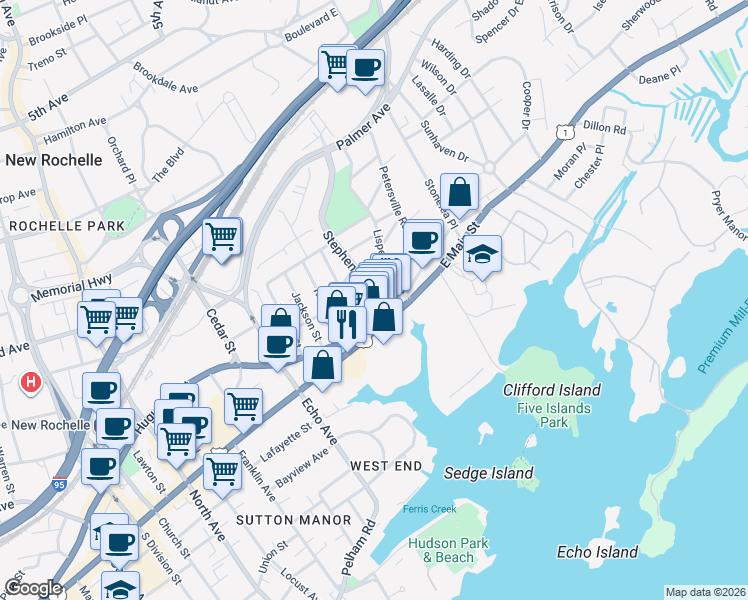 map of restaurants, bars, coffee shops, grocery stores, and more near 34 Stephenson Boulevard in New Rochelle