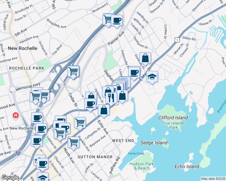 map of restaurants, bars, coffee shops, grocery stores, and more near 34 Stephenson Boulevard in New Rochelle