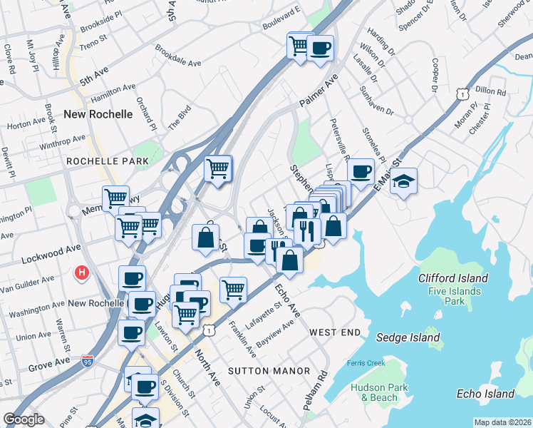 map of restaurants, bars, coffee shops, grocery stores, and more near 52 Jackson Street in New Rochelle