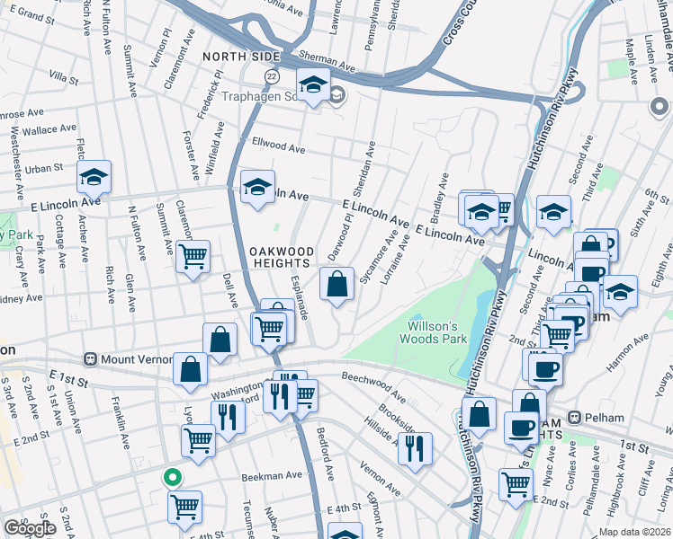map of restaurants, bars, coffee shops, grocery stores, and more near 495 East Prospect Avenue in Mount Vernon