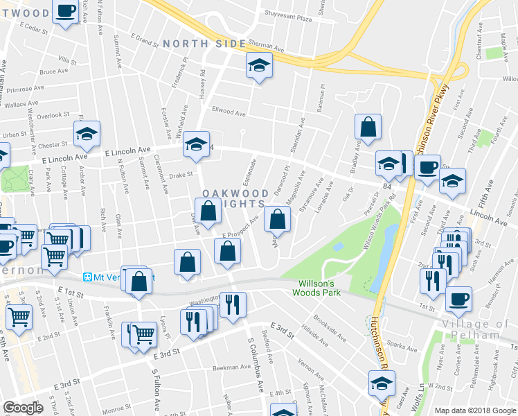 map of restaurants, bars, coffee shops, grocery stores, and more near 460 East Prospect Avenue in Mount Vernon
