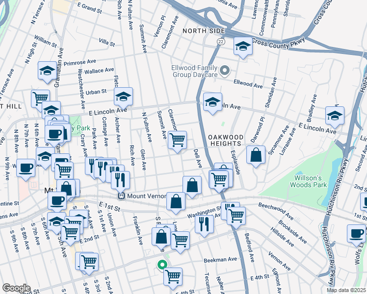 map of restaurants, bars, coffee shops, grocery stores, and more near 112 Claremont Avenue in Mount Vernon