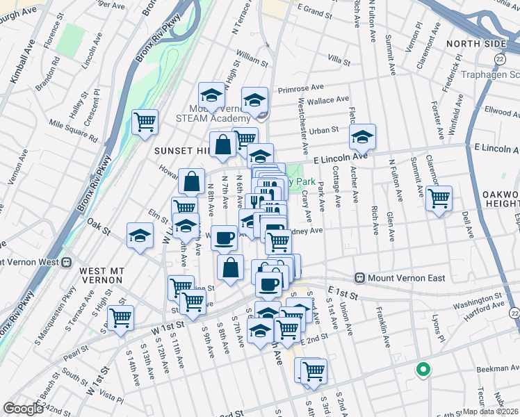 map of restaurants, bars, coffee shops, grocery stores, and more near 180 Gramatan Avenue in Mount Vernon