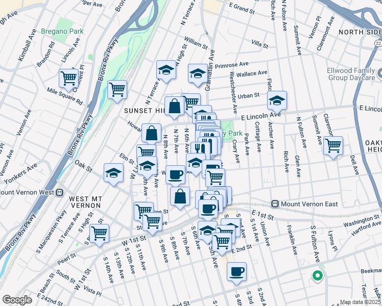map of restaurants, bars, coffee shops, grocery stores, and more near 133 North 6th Avenue in Mount Vernon