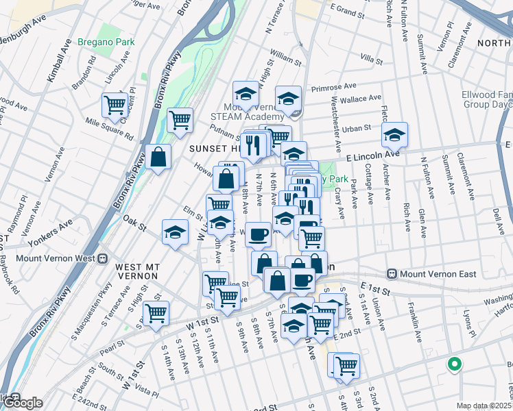 map of restaurants, bars, coffee shops, grocery stores, and more near 136 North 7th Avenue in Mount Vernon