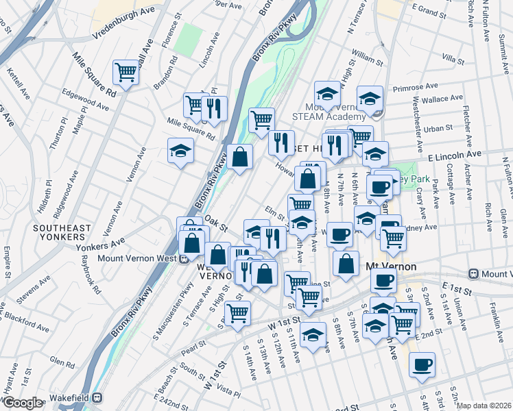 map of restaurants, bars, coffee shops, grocery stores, and more near 33 Elm Street in Mount Vernon