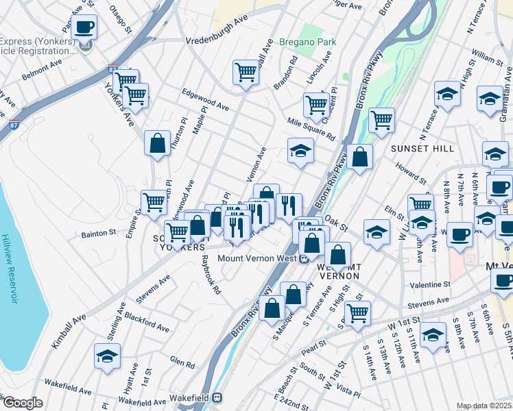 map of restaurants, bars, coffee shops, grocery stores, and more near 24 Vernon Place in Yonkers