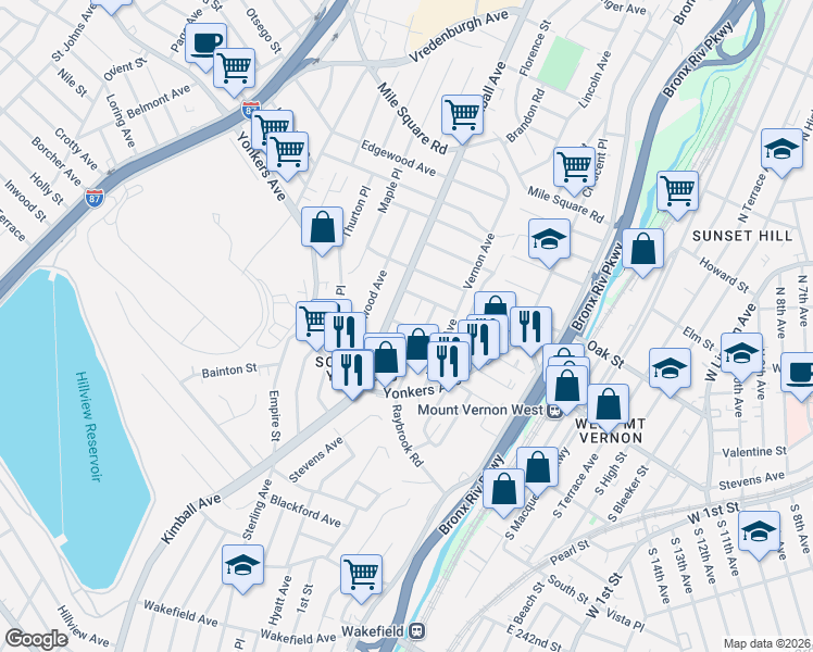 map of restaurants, bars, coffee shops, grocery stores, and more near 29 Raymond Place in Yonkers