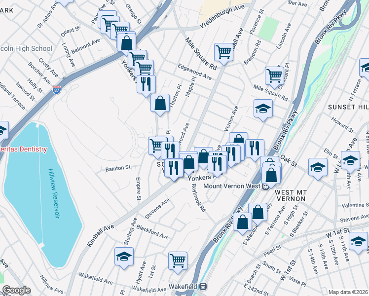 map of restaurants, bars, coffee shops, grocery stores, and more near 419 Kimball Avenue in Yonkers