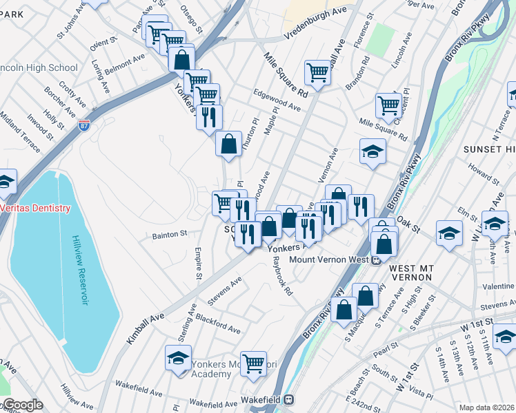 map of restaurants, bars, coffee shops, grocery stores, and more near 419 Kimball Avenue in Yonkers