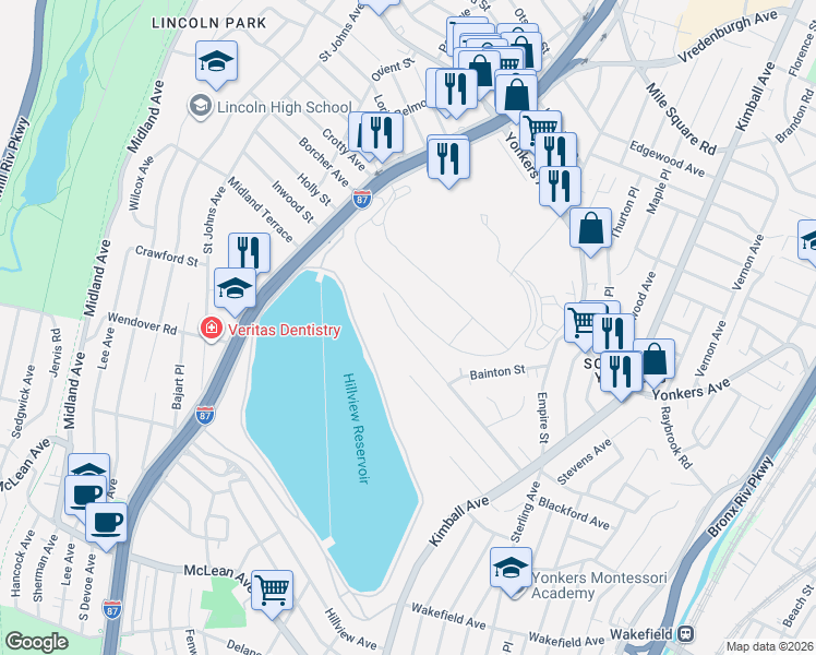 map of restaurants, bars, coffee shops, grocery stores, and more near 181 Kimball Terrace in Yonkers