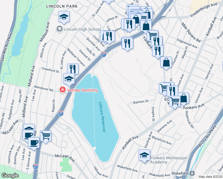 map of restaurants, bars, coffee shops, grocery stores, and more near 210 Kimball Terrace in Yonkers