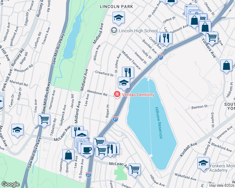 map of restaurants, bars, coffee shops, grocery stores, and more near 287 Central Park Avenue in Yonkers