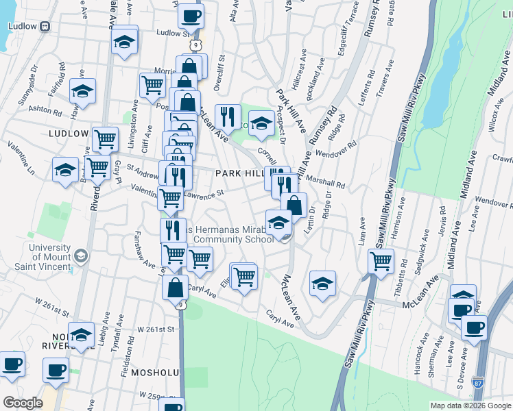 map of restaurants, bars, coffee shops, grocery stores, and more near 508 Van Cortlandt Park Avenue in Yonkers