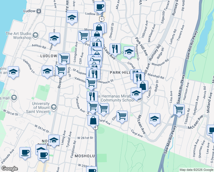 map of restaurants, bars, coffee shops, grocery stores, and more near 4 Landscape Avenue in Yonkers
