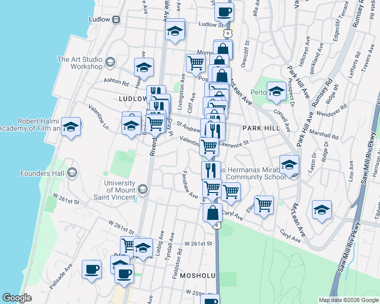 map of restaurants, bars, coffee shops, grocery stores, and more near 36 Berkeley Avenue in Yonkers