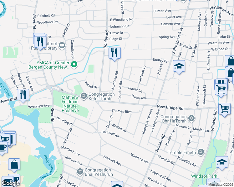 map of restaurants, bars, coffee shops, grocery stores, and more near 102 Cameron Road in Bergenfield